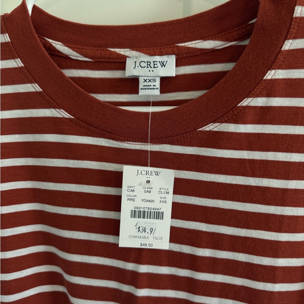 J.Crew Women’s Rust Red & White Striped Crewneck Tee with Sleeves